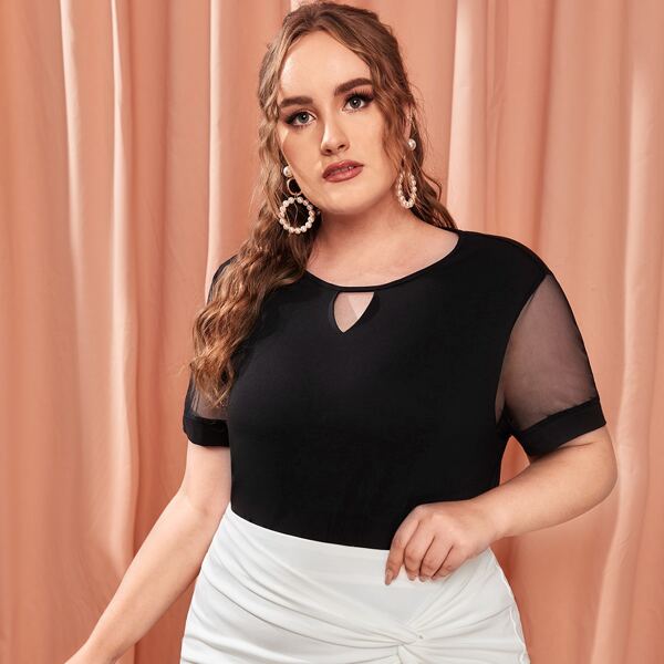 

Plus Keyhole Neck Sheer Mesh Sleeve Top, Black