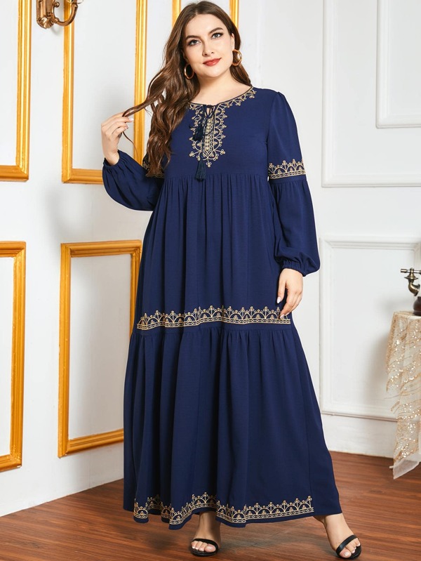 Al Najma Plus Embroidered Tie Neck Babydoll Dress
