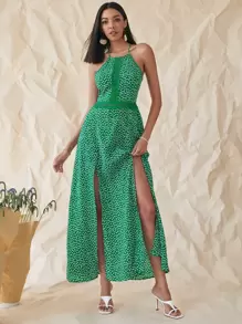 鏤空細節高開衩碎花吊帶連衣裙 - 綠色 - 查看 1