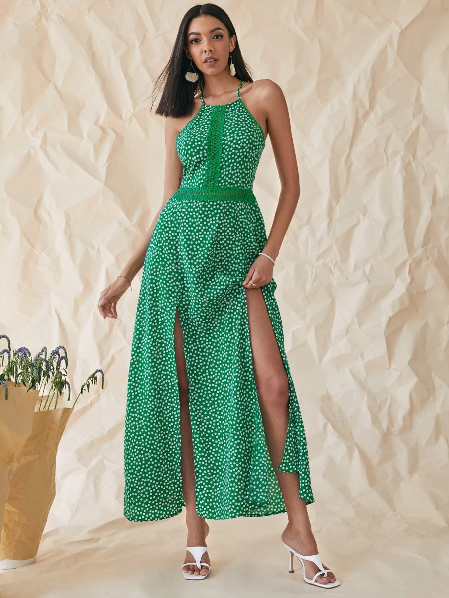 鏤空細節高開衩碎花吊帶連衣裙 - 綠色 - 查看 1