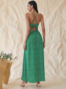 鏤空細節高開衩碎花吊帶連衣裙 - 綠色 - 查看 2