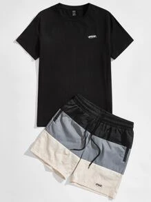 Manfinity VCAY Men Cotton Letter Graphic Tee & Drawstring Waist Shorts Set - Multicolor - View 1