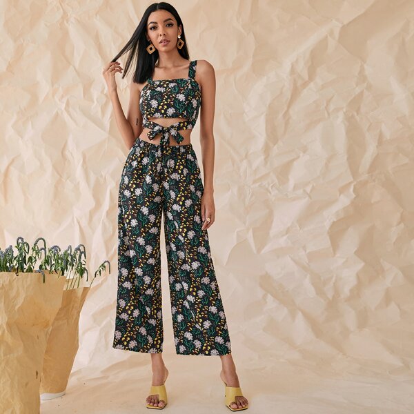 

Tie Front Floral Cami Top & Pants Set, Multicolor