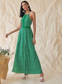 鏤空細節高開衩碎花吊帶連衣裙 - 綠色 - 查看 3