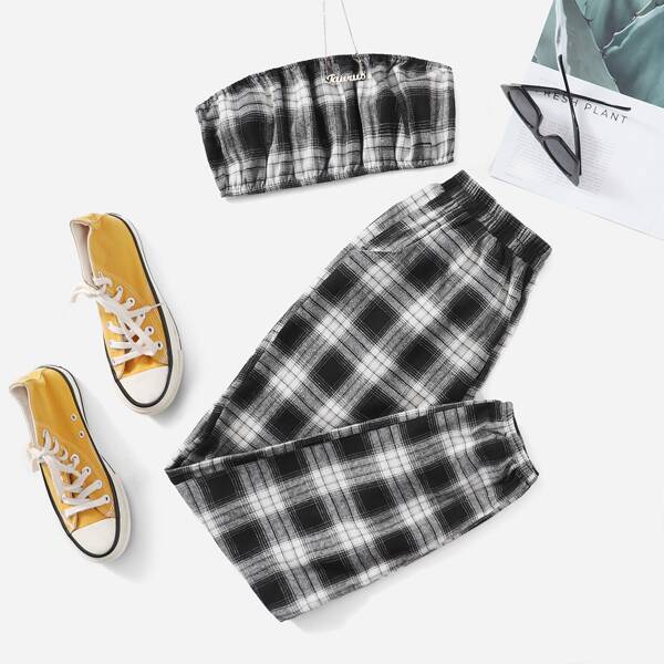 

Plaid Print Tube Top & Pants Set, Black and white