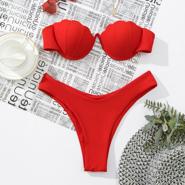 

Scallop Trim Push Up Bandeau Bikini Swimsuit, Red