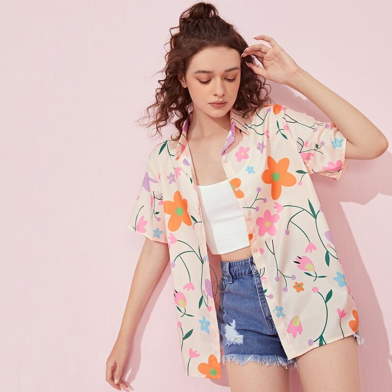 

Floral Graphic Button Front Blouse, Multicolor