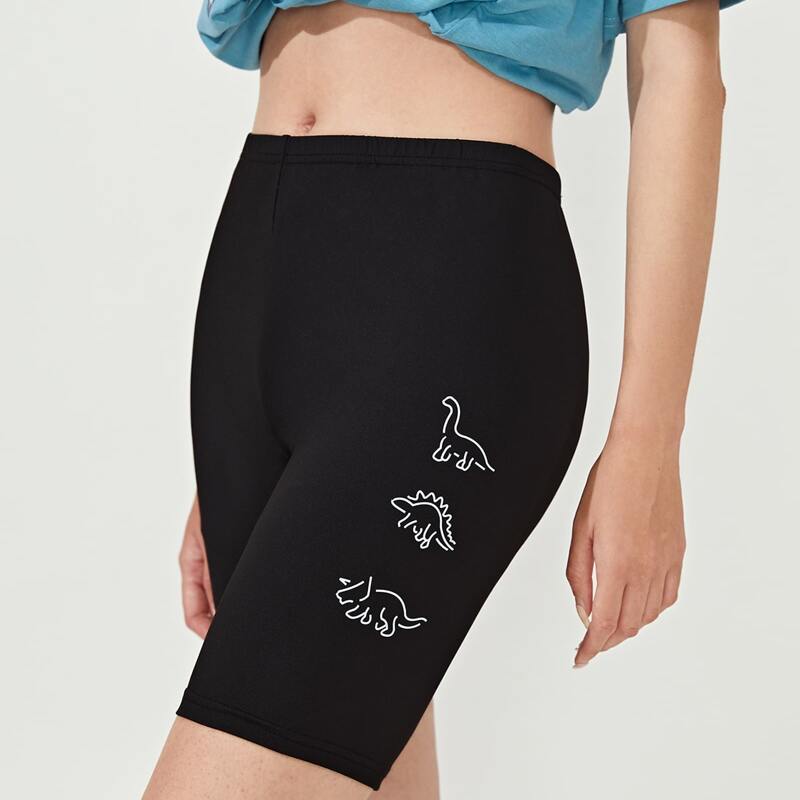 

Cartoon Dinosaur Graphic Biker Shorts, Black
