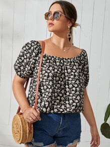 SHEIN Clasi Plus Ditsy Floral Puff Sleeve Summer Boho Blouse - Black and White - View 1