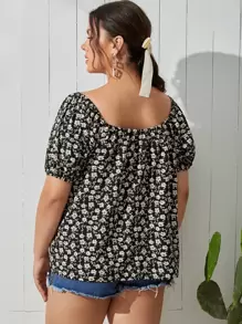 SHEIN Clasi Plus Ditsy Floral Puff Sleeve Summer Boho Blouse - Black and White - View 2