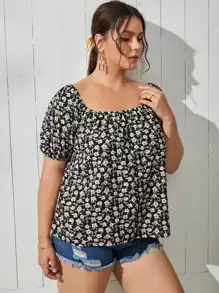 SHEIN Clasi Plus Ditsy Floral Puff Sleeve Summer Boho Blouse - Black and White - View 4
