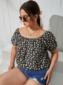 SHEIN Clasi Plus Ditsy Floral Puff Sleeve Summer Boho Blouse - Black and White - View 5