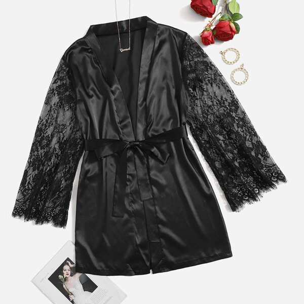 

Lace Sleeve Self Belted Lace Night Robe, Black
