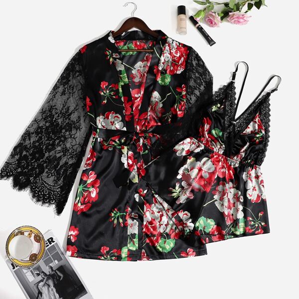 

Floral Print Satin Teddy Bodysuit With Belted Robe, Black