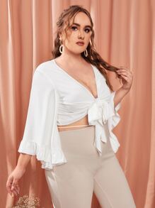 SHEIN VCAY 大碼荷葉邊袖蕾絲上衣 - 白色 - 查看 3