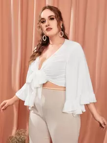 SHEIN VCAY 大碼荷葉邊袖蕾絲上衣 - 白色 - 查看 4