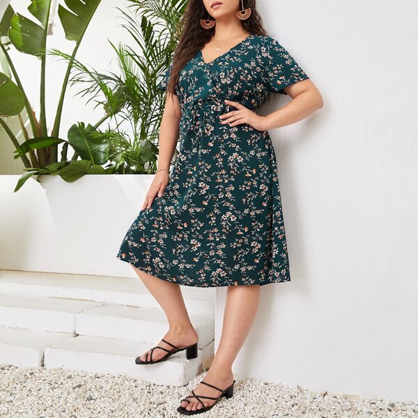 

Plus Ditsy Floral Surplice Front Belted Dress, Dark green