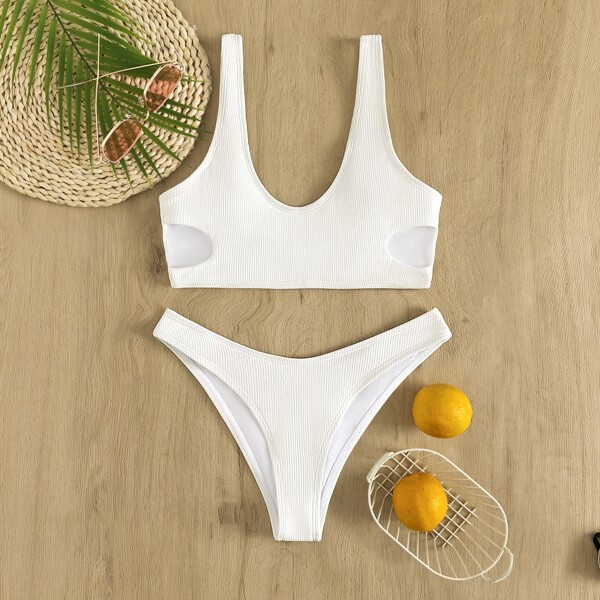 

Rib Cut-out Side Bikini Swimsuit, White