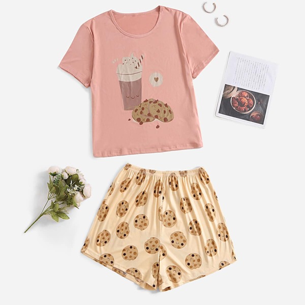 

Plus Cartoon Graphic Short Sleeve PJ Set, Multicolor