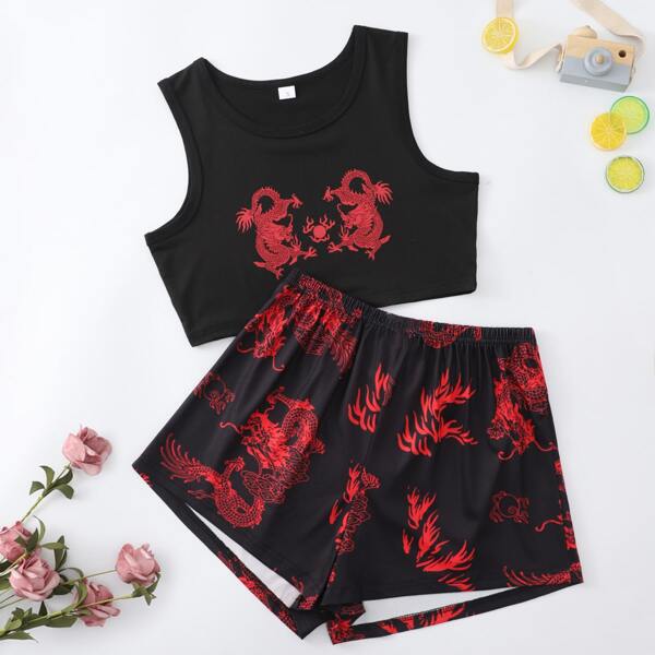 

Plus Chinese Dragon And Fire Print Tank Top & Shorts PJ Set, Black
