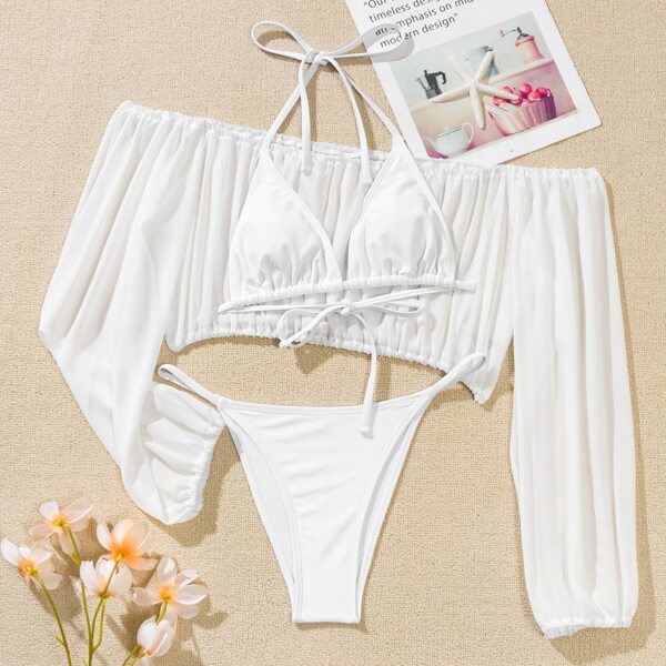 

3pack Triangle Thong Bikini Swimsuit & Cover Up Top, White