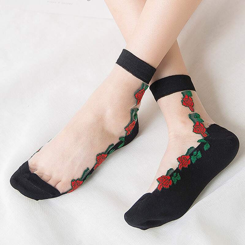 

Flower Pattern Crew Socks, Black