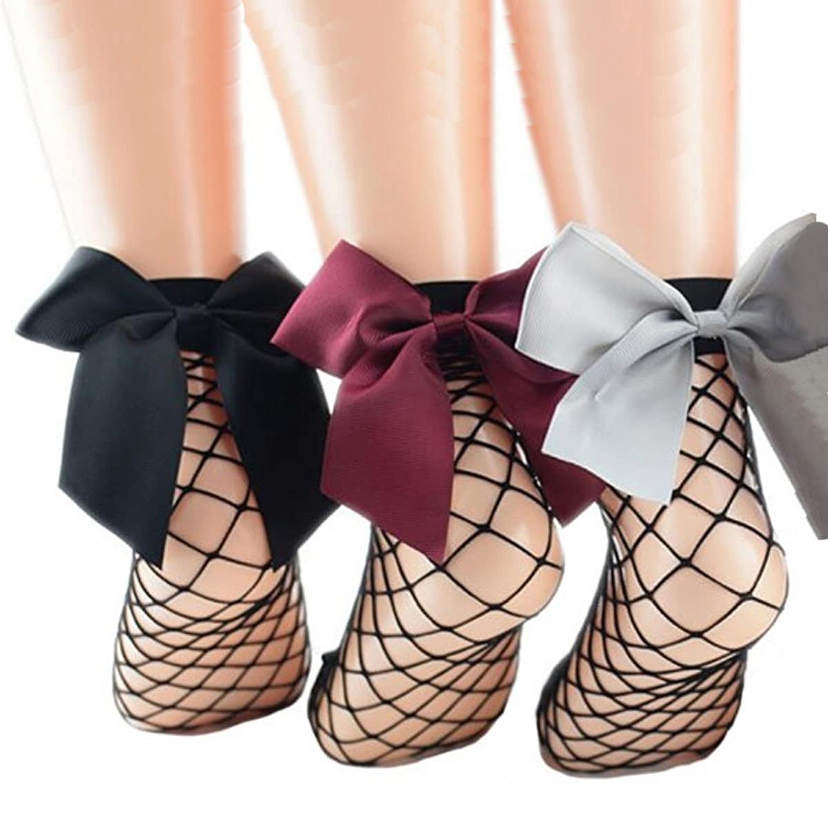 

3pairs Bow Decor Fishnet Socks, Multicolor