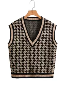 Flirla V-neck Houndstooth Sweater Vest