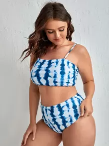 Plus Size Tie Dye Bikini Set Summer Beach - Blue and White - View 3