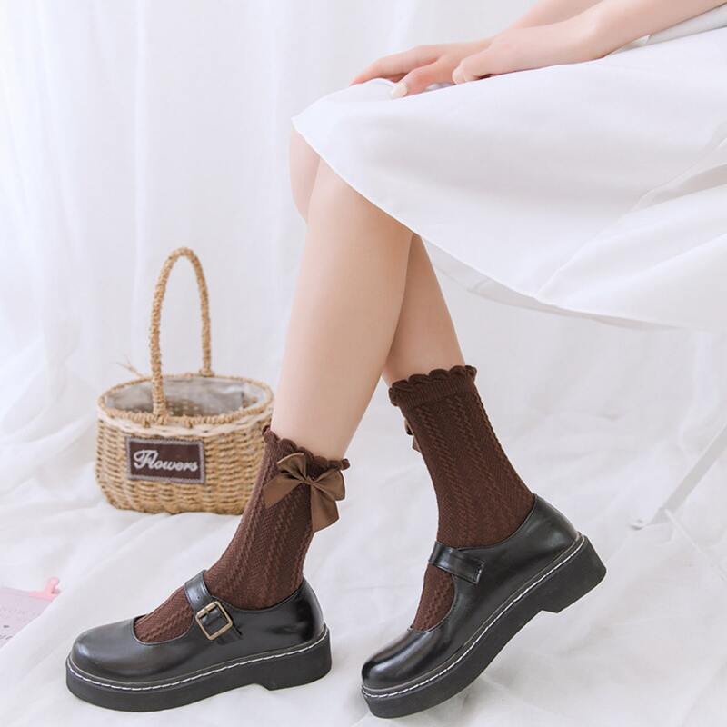 

1pair Bow Decor Crew Socks, Coffee brown