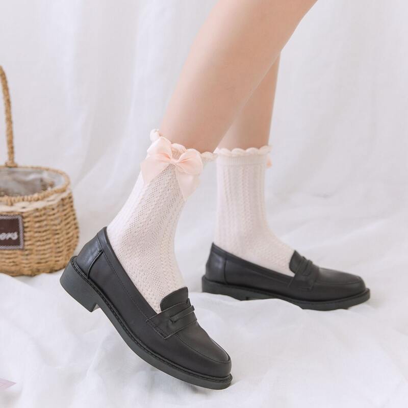 

1pair Bow Decor Crew Socks, Pink