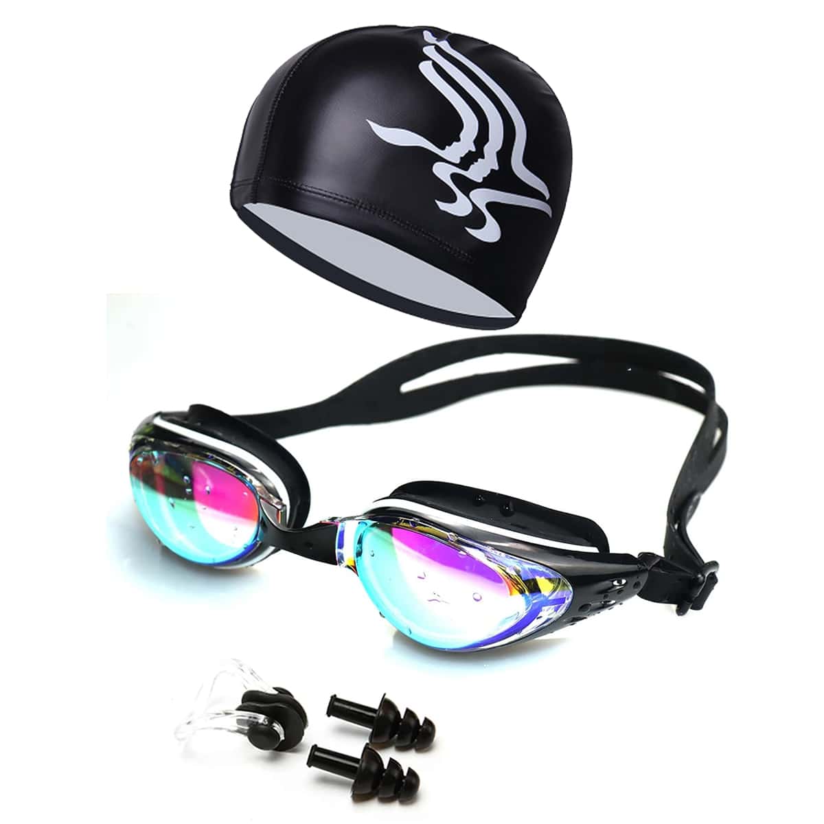 

Anti-fog Swimming Goggles With Swim Cap Set, Black