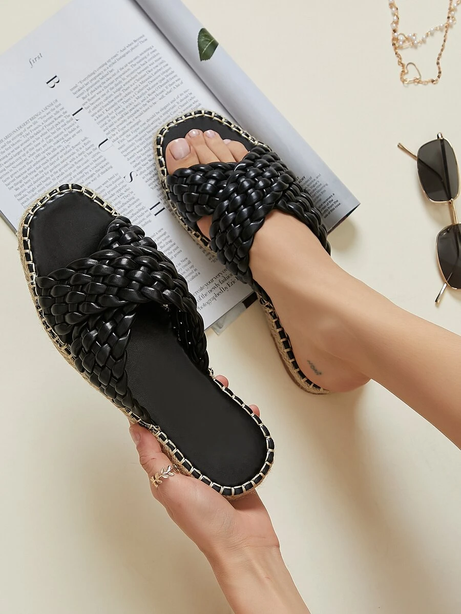 Faux Leather Braided Crisscross Espadrille Slides