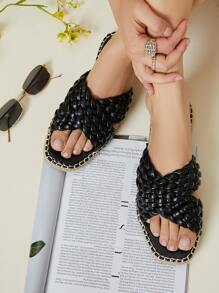 Faux Leather Braided Crisscross Espadrille Slides