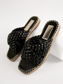 Faux Leather Braided Crisscross Espadrille Slides