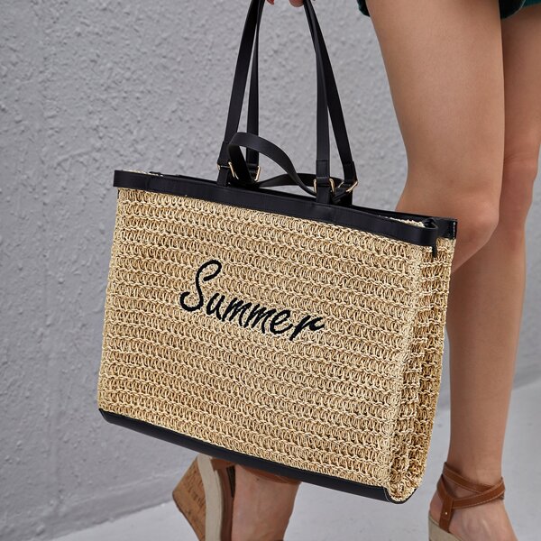 

Letter Embroidered Straw Tote Bag, Camel