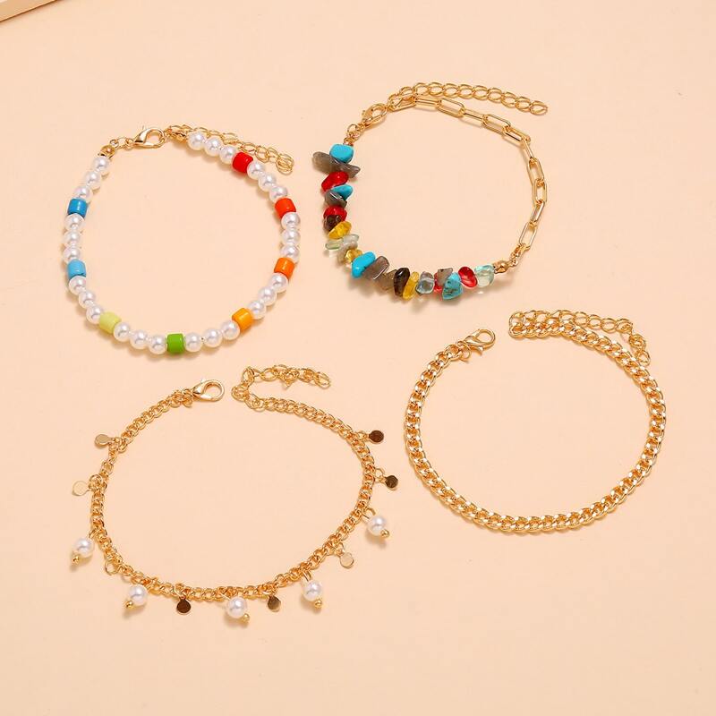 

4pcs Faux Pearl Decor Anklet, Multicolor
