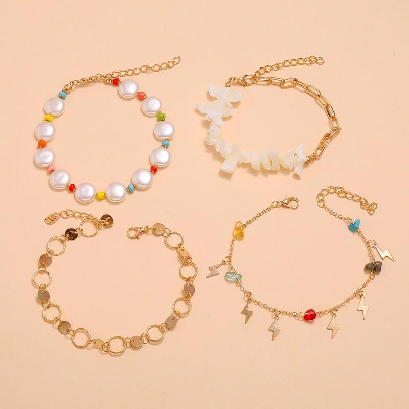 

4pcs Faux Pearl & Disc Anklet, Multicolor