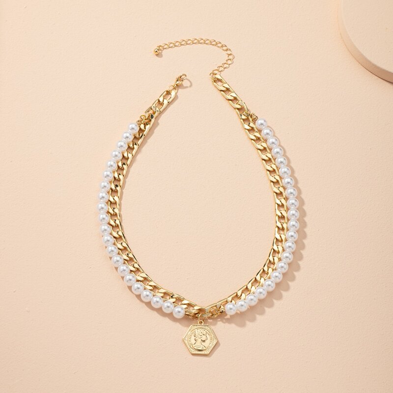 

1pc Geo Charm Faux Pearl Necklace, Gold