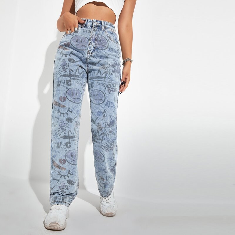 

Cartoon & Letter Graphic Jeans, Light wash