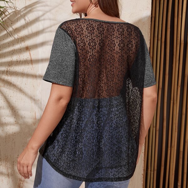 

Plus Space Dye Contrast Lace Tee, Multicolor