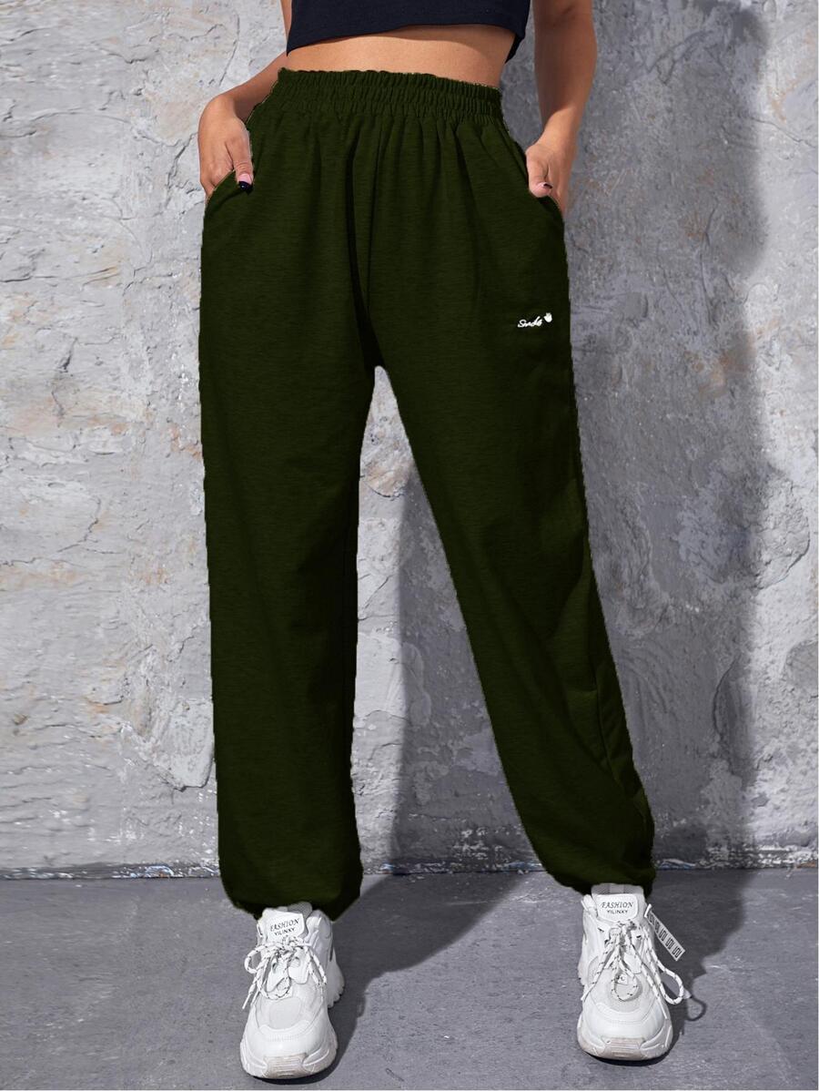 SHEIN EZwear Letter Embroidery Slant Pocket Sweatpants - Army Green - View 1
