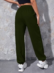 SHEIN EZwear Letter Embroidery Slant Pocket Sweatpants - Army Green - View 2