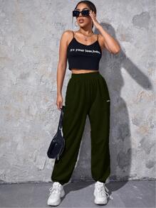 SHEIN EZwear Letter Embroidery Slant Pocket Sweatpants - Army Green - View 4