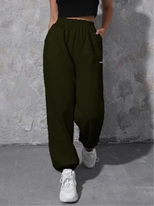 SHEIN EZwear Letter Embroidery Slant Pocket Sweatpants - Army Green - View 5