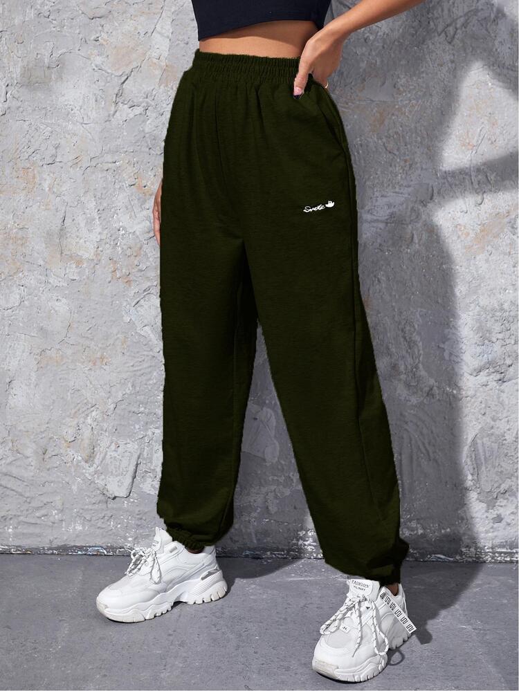 SHEIN EZwear Letter Embroidery Slant Pocket Sweatpants - Army Green - View 6
