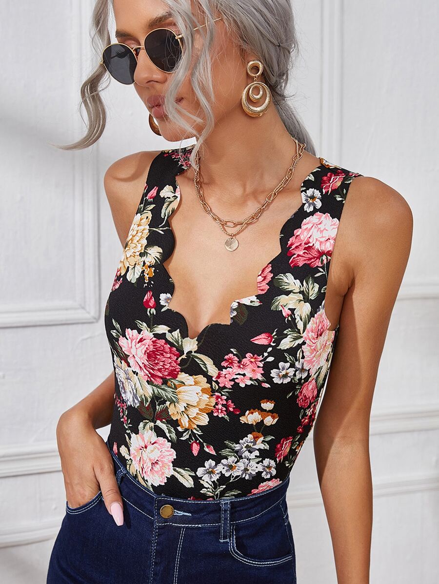 SHEIN Clasi 貝殼邊花卉背心上衣 - 彩色 - 查看 1