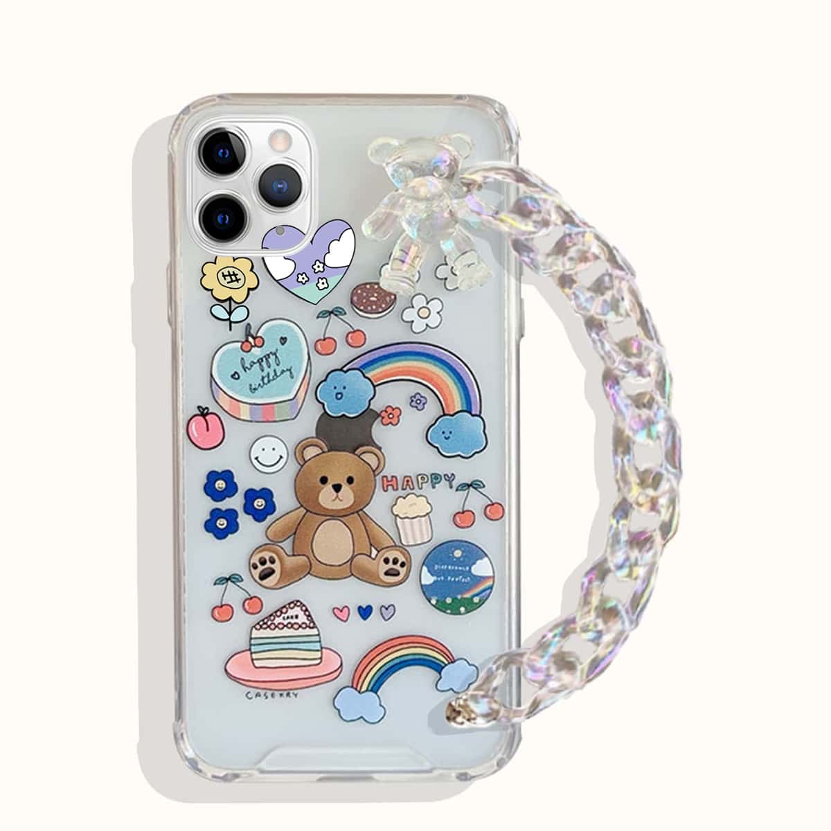 

Cartoon Graphic Clear Phone Case With Chain Strap, Multicolor