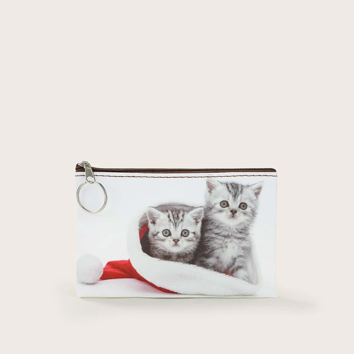 

Cat Graphic Zip Purse, White