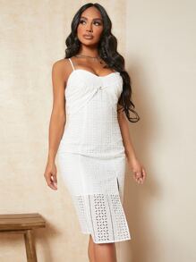 SHEIN 開衩網眼刺繡吊帶洋裝 - 白色 - 查看 4